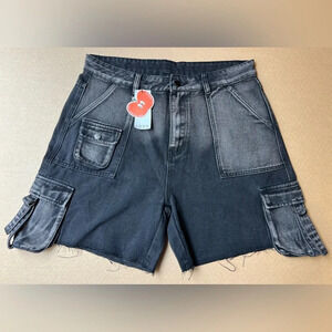 NWT CIDER Women’s Black and Gray Denim Fringe Utility Shorts Size XL